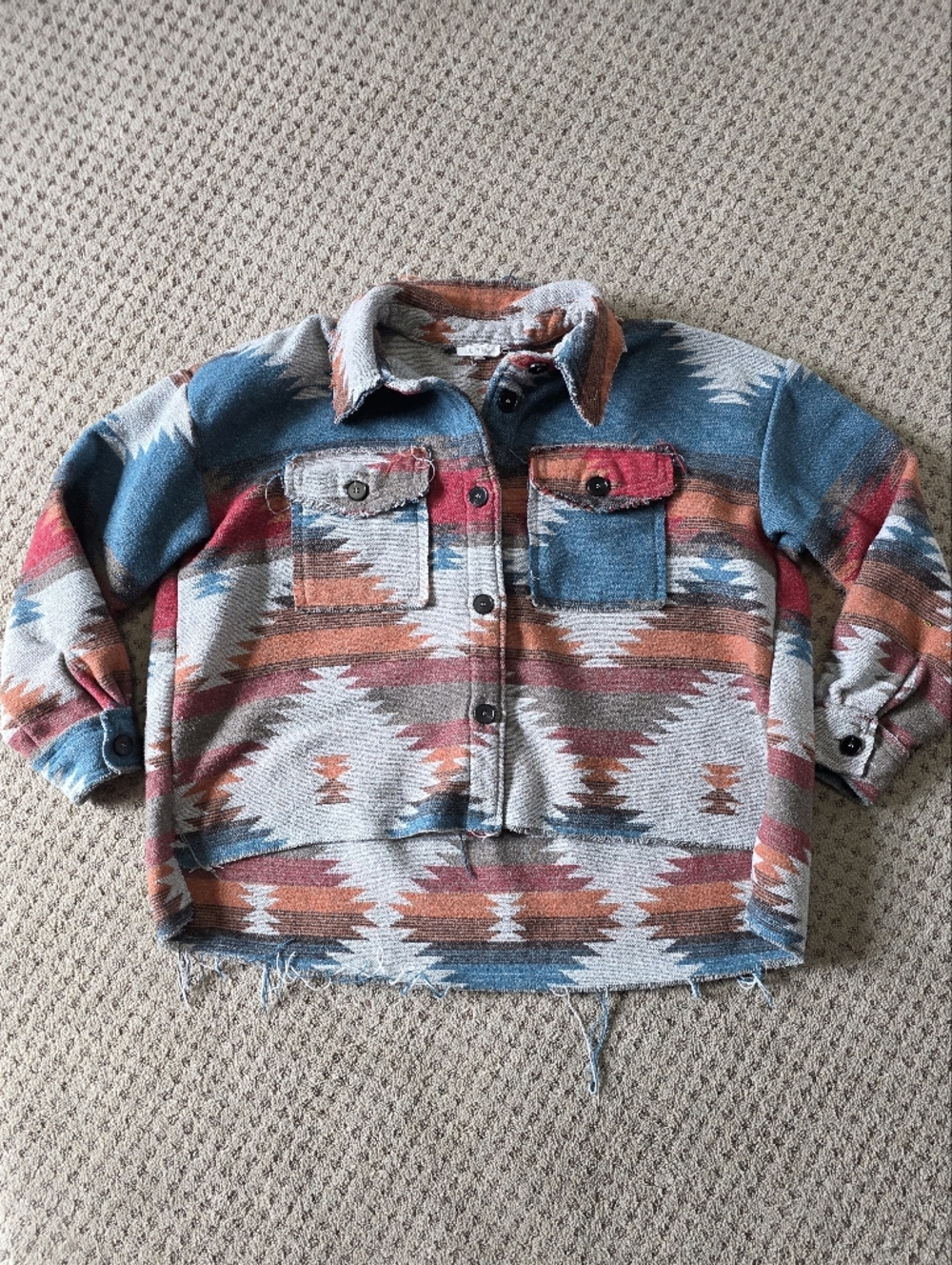 LA MIEL Aztec Button-Front Shirt Jacket - Blue, Rust & Cream
